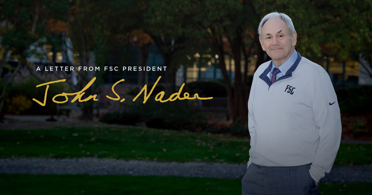 Photo of Dr. John Nader, President of Farmingdale State College with illustrated signature next to photo